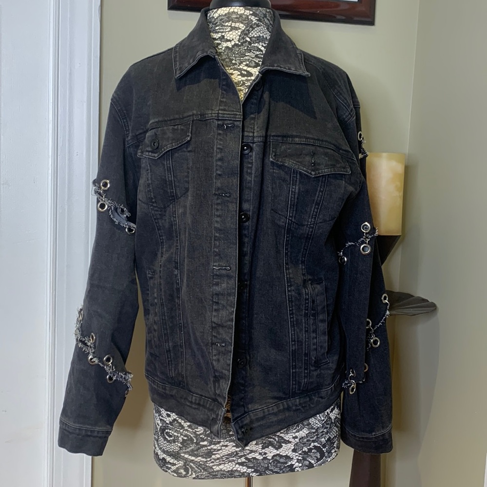 EUC Fashion Nova Black Denim Riveted Jacket, XL